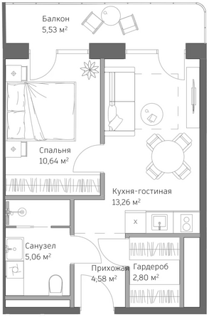 Планировка 1-комн 38 м²