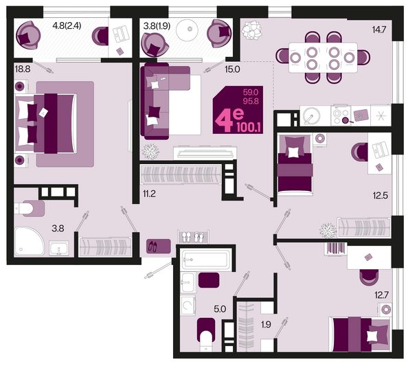 Планировка 4-комн 100,1 м²