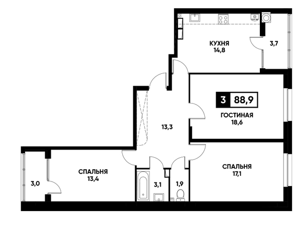 Планировка 3-комн 88,9 м²
