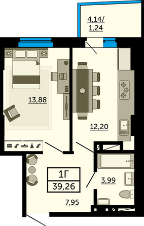 Планировка 1-комн 39,09 м²