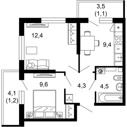 Планировка 2-комн 42,5 м²