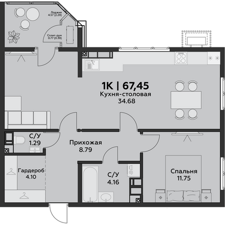 Планировка 1-комн 67,45 м²