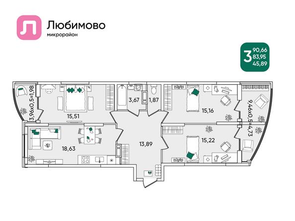 Планировка 3-комн 88,75 - 90,66 м²