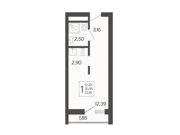 Планировка 1-комн 22,81 м²