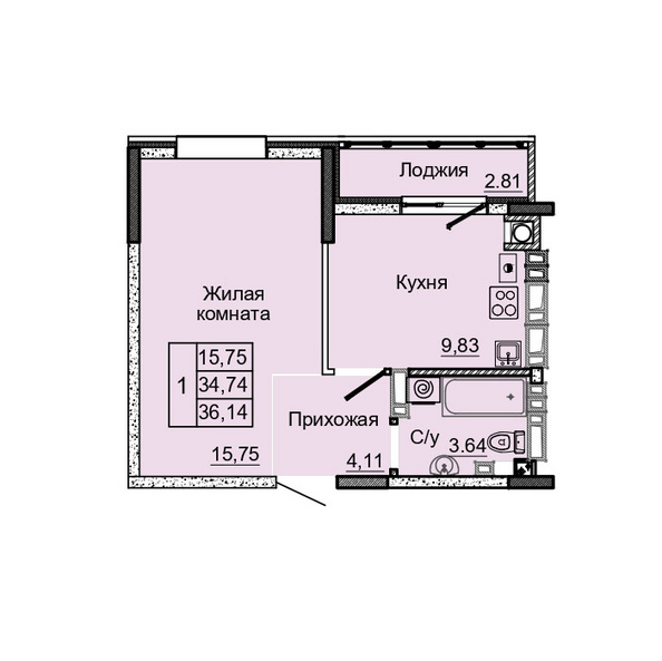Планировка 1-комн 36,14 м²