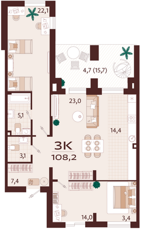 Планировка 3-комн 108,2 м²