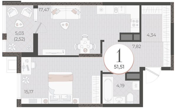 Планировка 1-комн 51,51 м²