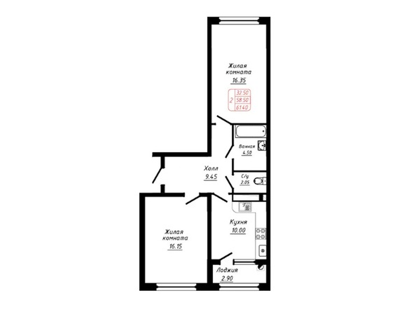 Планировка 2-комн 61,4 м²