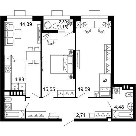 Планировка 3-комн 72,75 м²