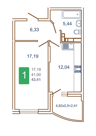 Планировка 1-комн 43,41 м²