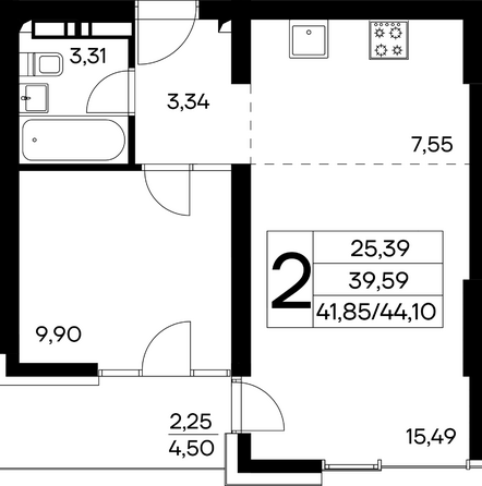 Планировка 2-комн 44,09 - 45,19 м²