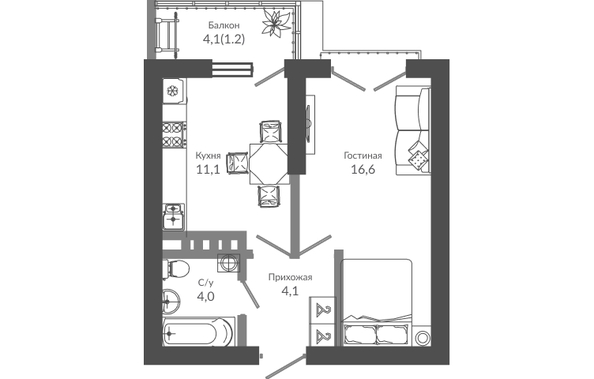 Планировка 1-комн 37 м²