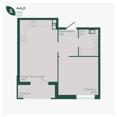 Планировка 1-комн 44,2, 44,6 м²