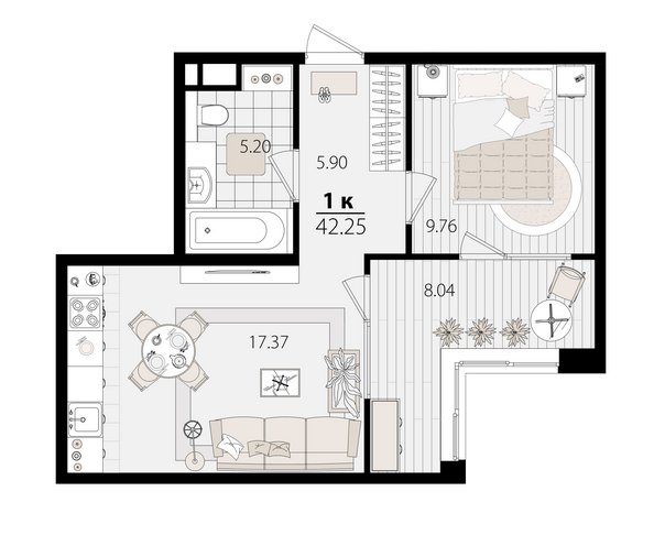 Планировка 1-комн 41,81 м²