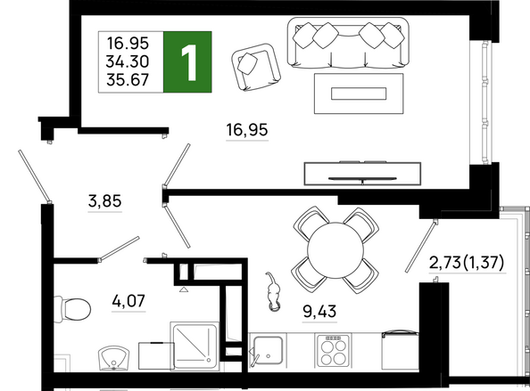 Планировка 1-комн 35,67 м²