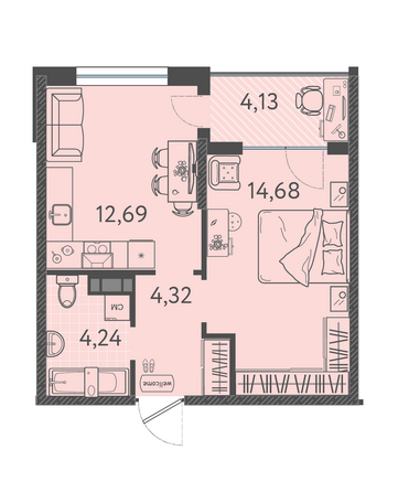 Планировка 1-комн 37,4, 37,6 м²