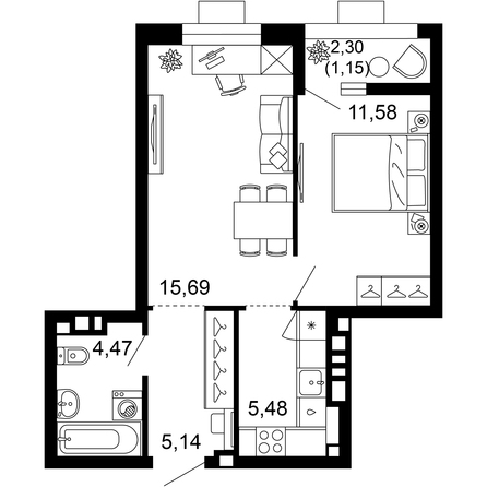 Планировка 2-комн 43,51 м²