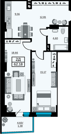 Планировка 2-комн 61,85 - 62,78 м²