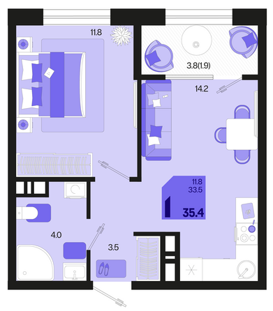 Планировка 1-комн 35,4 м²