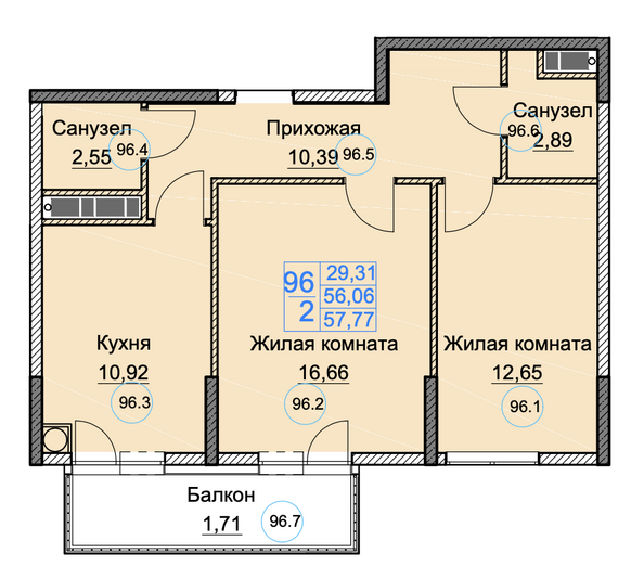 Планировка 2-комн 57,78 м²