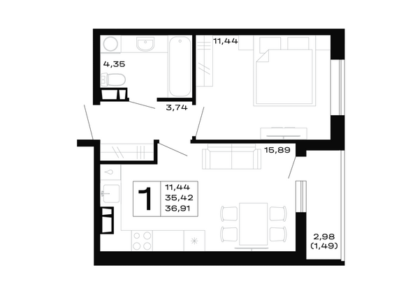 Планировка 1-комн 36,91 м²