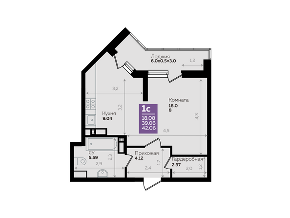 Планировка 1-комн 42,06 м²