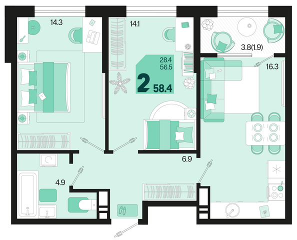 Планировка 2-комн 58,4 м²