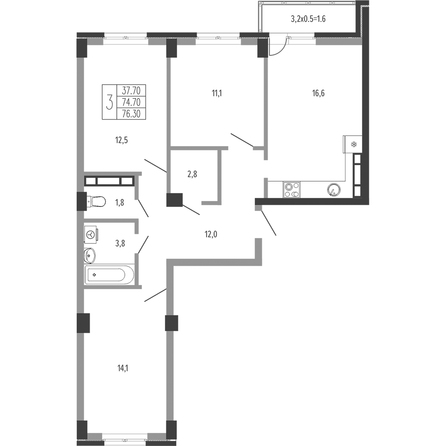 Планировка 3-комн 76,3 - 77,4 м²