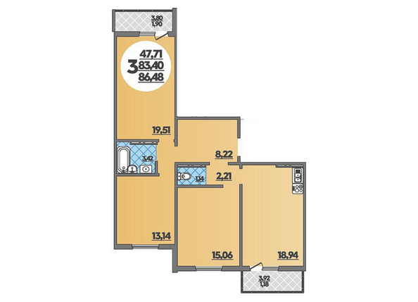 Планировка 3-комн 86,48 м²