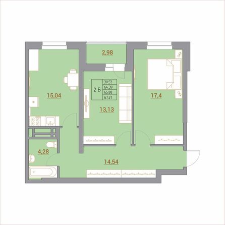 Планировка 2-комн 68,5 м²