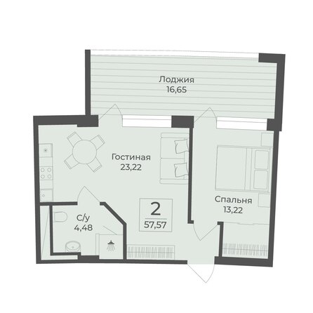 Планировка 2-комн 57,57 м²