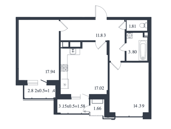 Планировка 2-комн 71,44 - 72,09 м²