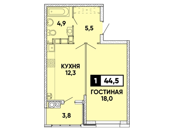 Планировка 1-комн 44,5 м²