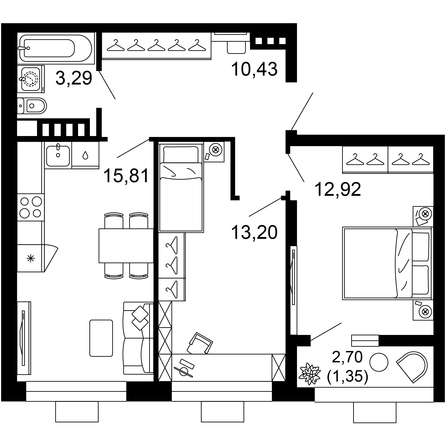 Планировка 2-комн 56,99 м²