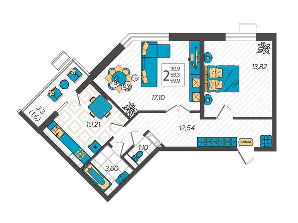 Планировка 2-комн 59,9 м²