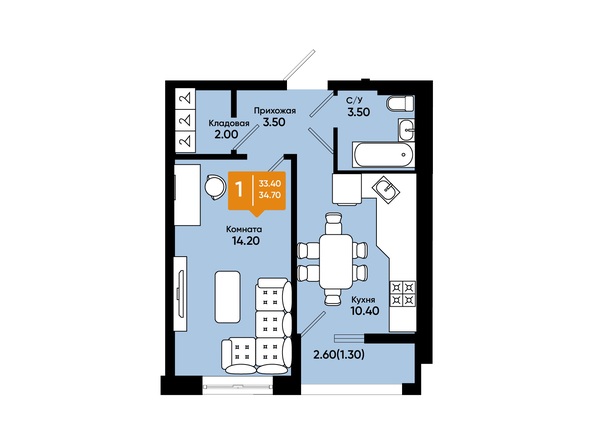 Планировка 1-комн 34,7 м²