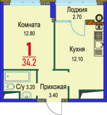 Планировка 1-комн 34,2 м²