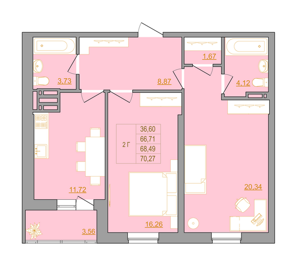 Планировка 2-комн 70,27 м²