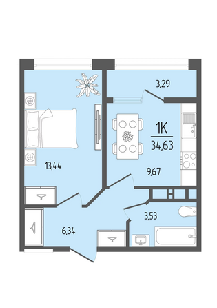 Планировка 1-комн 34,63 м²