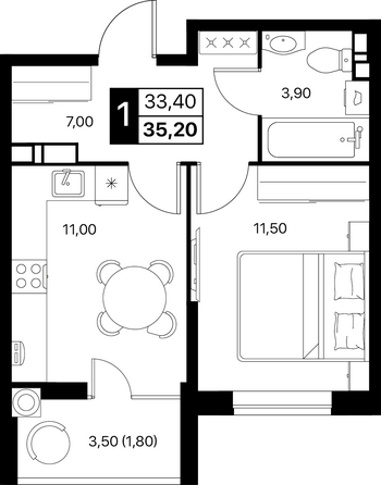 Планировка 1-комн 35,2, 35,5 м²