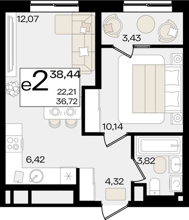 Планировка 2-комн 38,44 м²