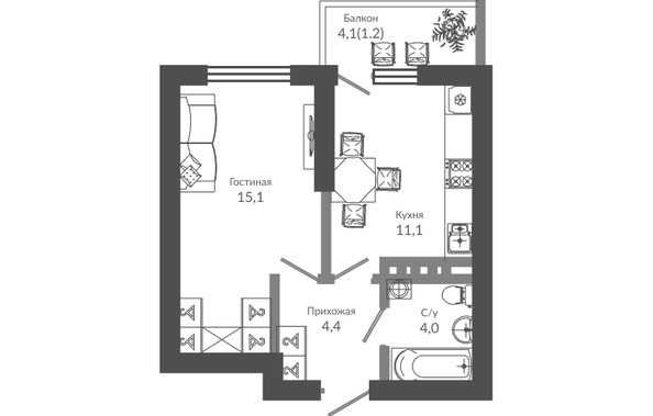 Планировка 1-комн 35,8 м²