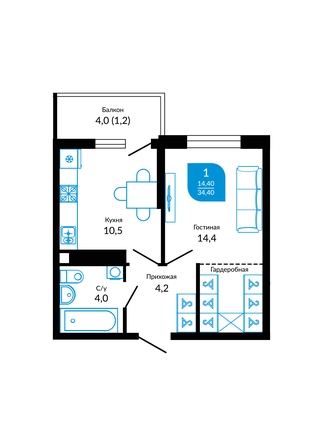 Планировка 1-комн 34,1, 34,3 м²