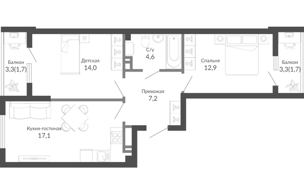 Планировка 2-комн 59,2 м²