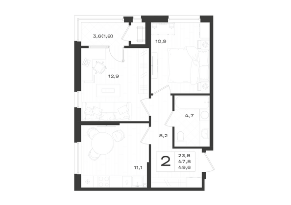 Планировка 2-комн 49,6 м²