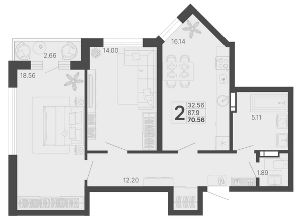 Планировка 2-комн 69,23 м²