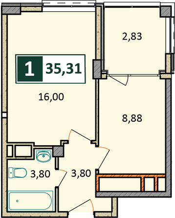 Планировка 1-комн 35,31 м²