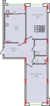 Планировка 2-комн 62,2 м²