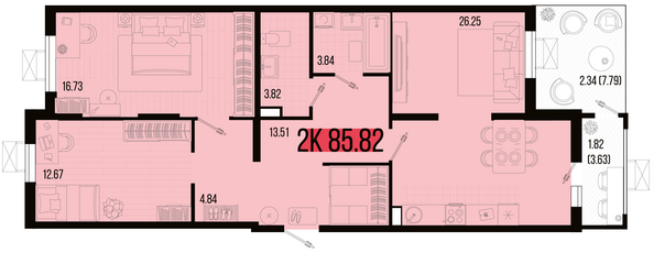 Планировка 2-комн 85,82 м²