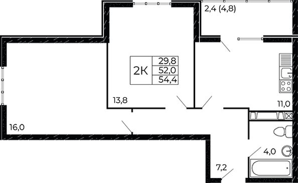 Планировка 2-комн 54,4 м²